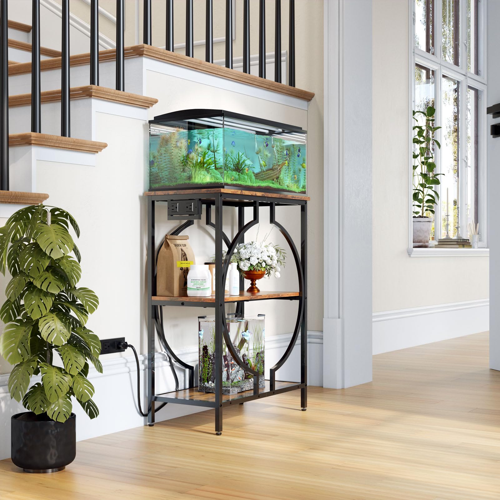 HavenlyYouth 10 Gallon Aquarium Stand with Power Outlet, 3 Tier Heavy Duty Metal Fish Tank Stand with Storage, Fish Tank Table f